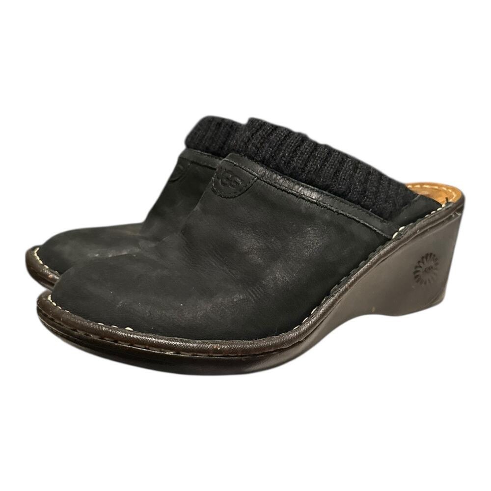 UGG Gael Black Suede Fleece-Lined Knit Trim Wedge Clogs Women’s Size 8